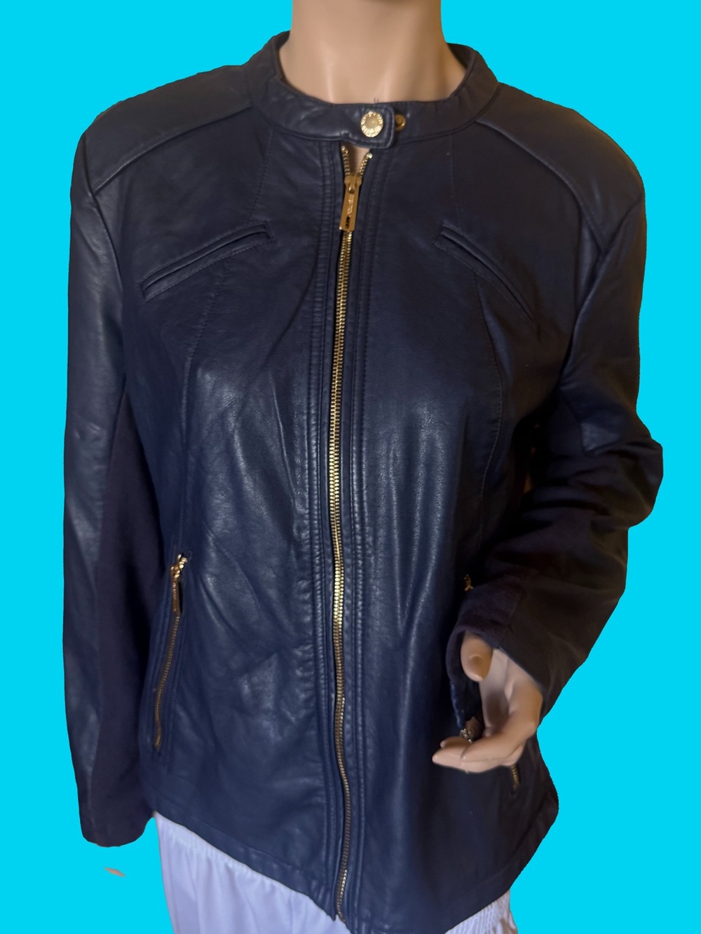 Women's Navy Leather Zip-Front Jacket